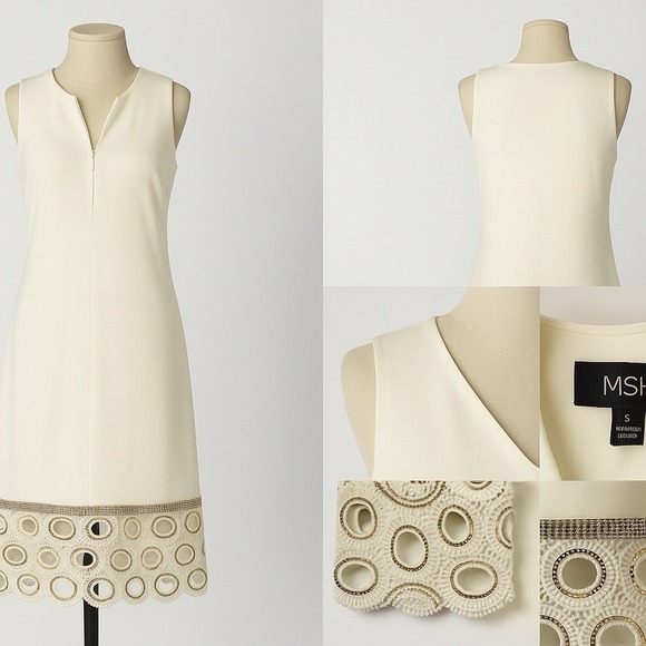 MSK Dresses & Skirts - MSK Size S Cream Shift Dress Sleeveless Rhinestone Lace Hem Cocktail Holiday